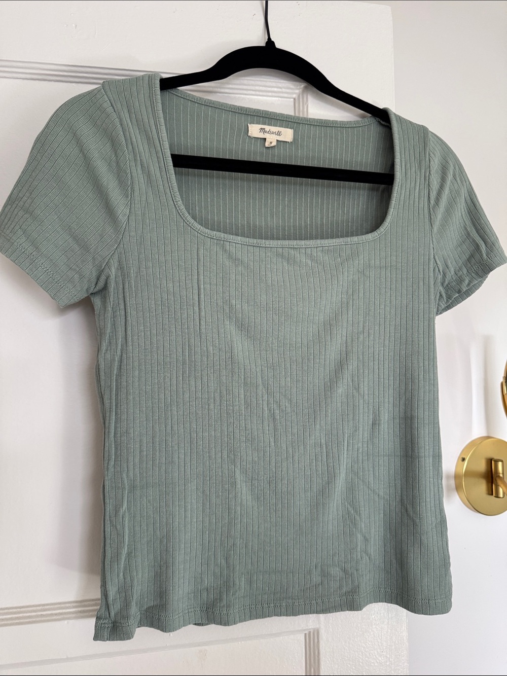 Madewell Ribbed Square Neck Short Sleeve Top in Dusty Blue
